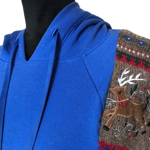 Upcycled Hoodie, Reindeer Sweater Sleeves, L-XL: Christmas Sweatshirt Jacket - Picture 8 of 12